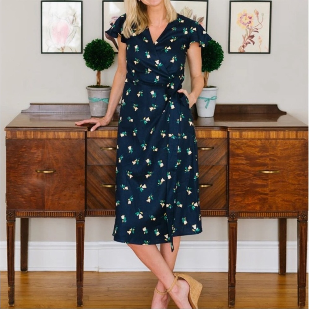 COPY - New Draper James Floral Linen Wrap Midi Dress Navy